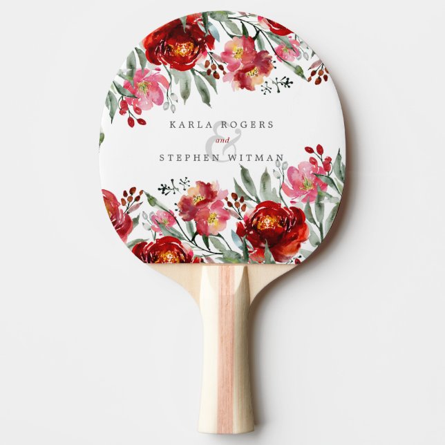 Elegant Deep-Red Garden Flowers Ping Pong Paddle (Front)