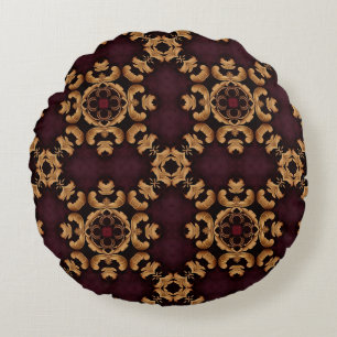 Elegant deep red gold arabesque pattern round cushion