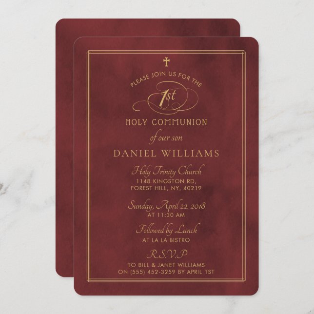 Elegant Deep Red & Gold Script 1st Holy Communion Invitation (Front/Back)