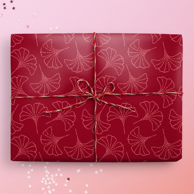 Elegant Deep Red Japanese Ginkgo Leaves Wrapping Paper (Ginkgo Gift Mockup)