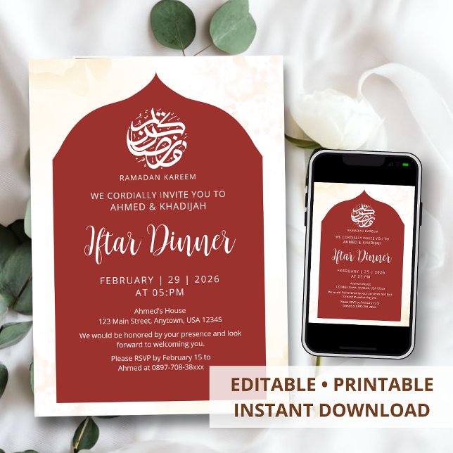 Elegant Deep Red Moroccan Arch Iftar Dinner Invitation (Creator Uploaded)