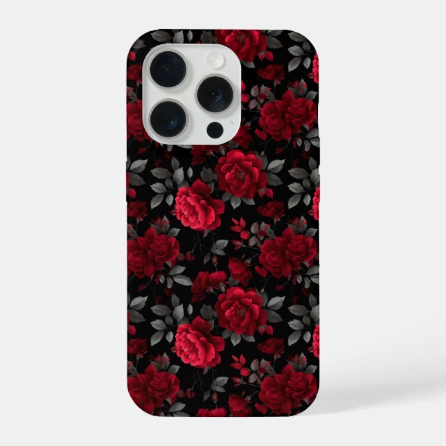 Elegant Deep Red Rose Black Floral Pattern iPhone Case (Back)