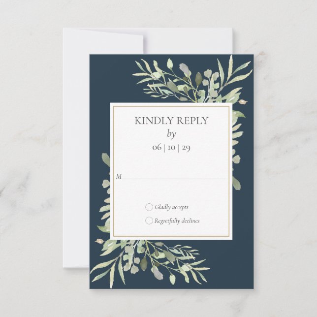 Elegant Deep Sea Blue Greenery Leaves Wedding RSVP (Front)
