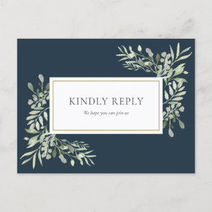 Elegant Deep Sea Blue Greenery Wedding RSVP Card