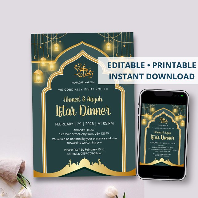 Elegant Deep Teal and Gold Lantern Ramadan Iftar Invitation (Creator Uploaded)