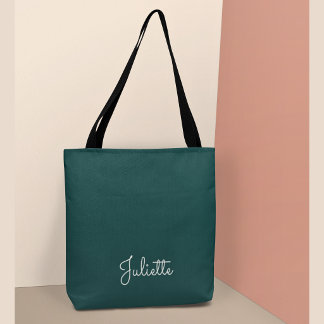 Elegant Deep Teal Personalised Signature Script Tote Bag