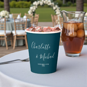 Elegant Deep Teal Script Minimalist Wedding Paper Cups