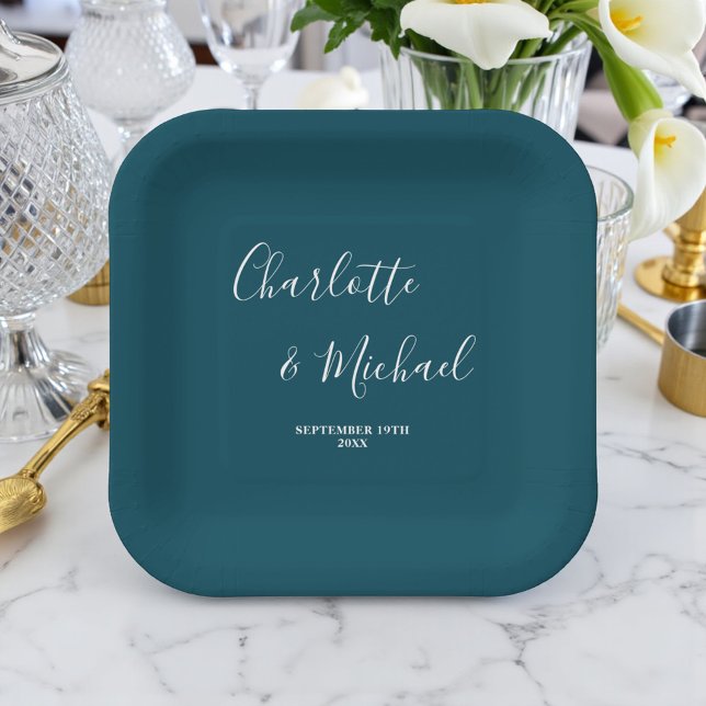 Elegant Deep Teal Script Minimalist Wedding Paper Plate (Creator Uploaded)