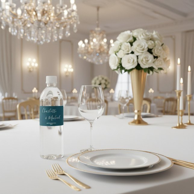 Elegant Deep Teal Script Minimalist Wedding Water Bottle Label (Creator Uploaded)