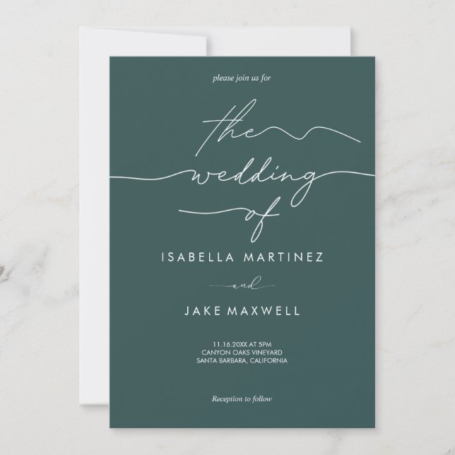 Elegant Deep Teal & White Modern Script Wedding  Invitation (Front)