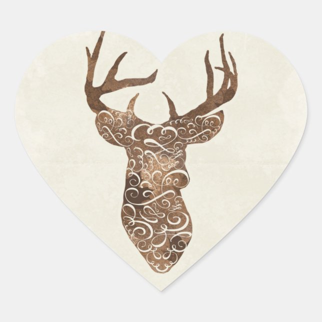 Elegant Deer Antlers Rustic Country Wedding Heart Sticker (Front)