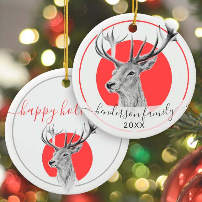 Elegant Deer Art Red Personalised Christmas Ceramic Ornament (Creator Uploaded)