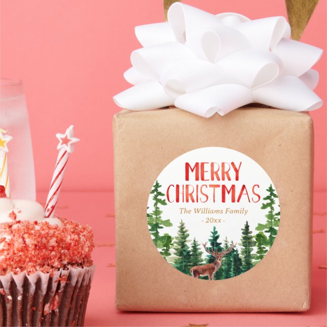 Elegant Deer Christmas Family Name Classic Round Sticker (Party)