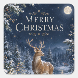 Elegant Deer Christmas, Vintage Woodland Engraving Square Sticker