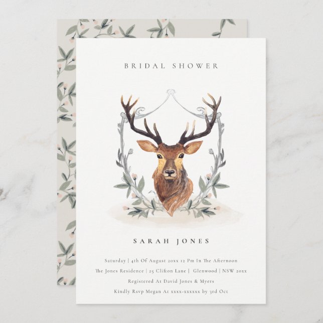 Elegant Deer Floral Crest Bridal Shower Invite (Front/Back)
