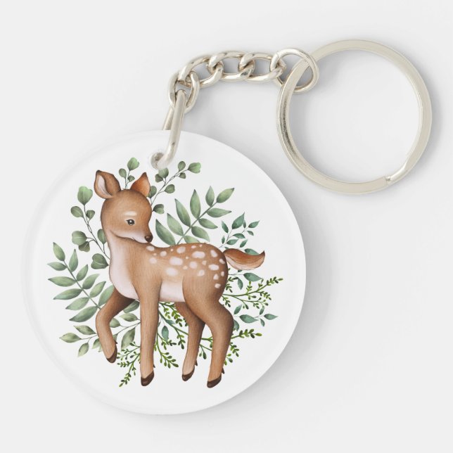 Elegant Deer Forest Woodland Greenery Leaves Key Ring (Back)
