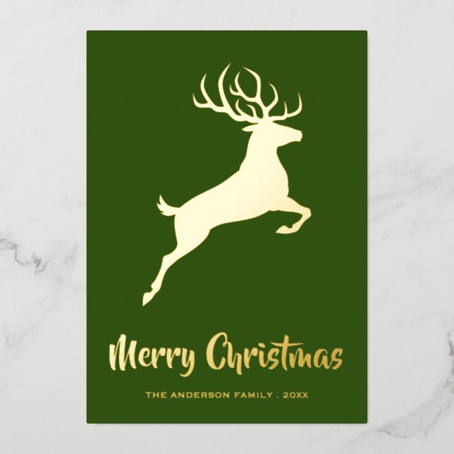 Elegant Deer Green & Gold Foil Holiday Card (Front)