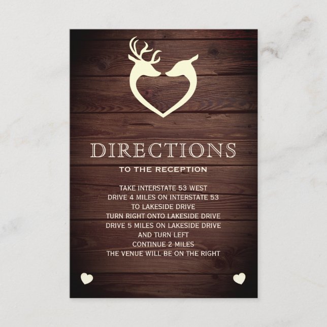 Elegant Deer Heart Rustic Wood Directions Enclosure Card (Front)