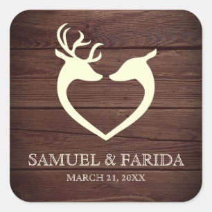 Elegant Deer Heart Rustic Wood Wedding Favour Square Sticker