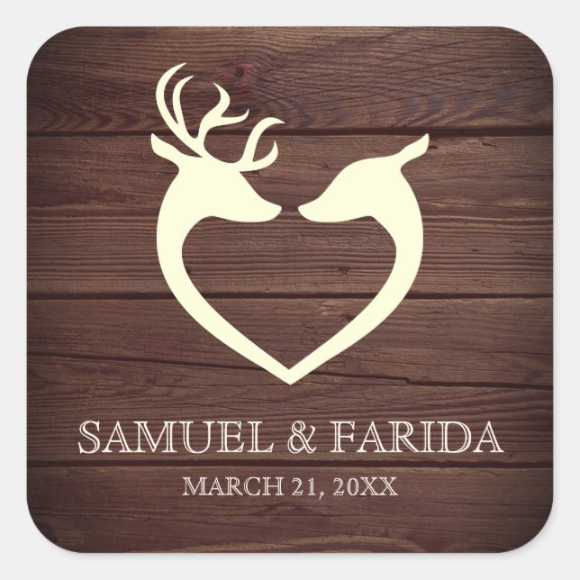 Elegant Deer Heart Rustic Wood Wedding Favour Square Sticker (Front)
