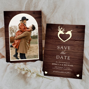 Elegant Deer Heart Rustic Wood Wedding Photo Save The Date