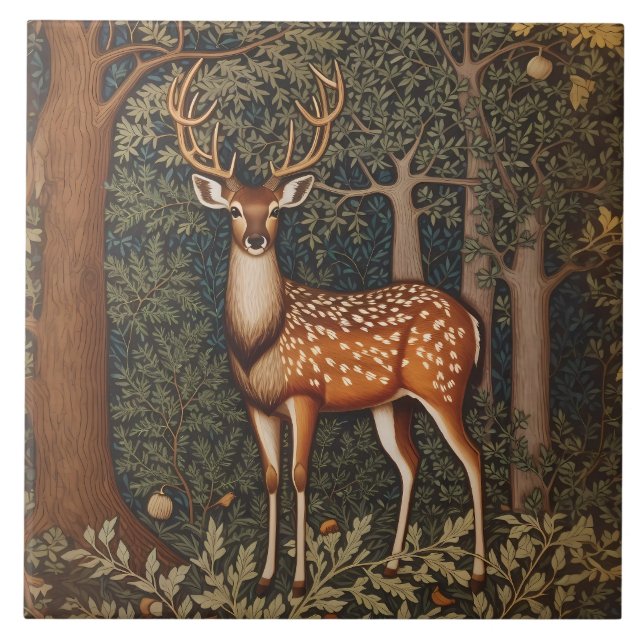 Elegant Deer In Oak Tree Forest Ceramic Tile (Front)
