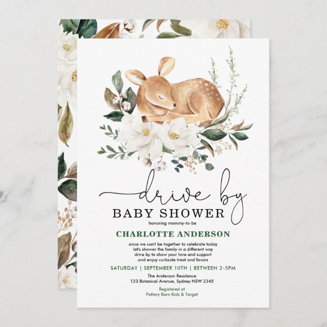 Elegant Deer Ivory Floral Drive By Baby Shower Invitation (Front/Back)