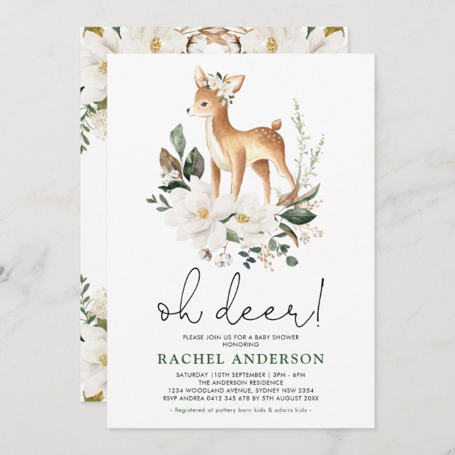 Elegant Deer Ivory Floral Greenery Baby Shower Invitation (Front/Back)