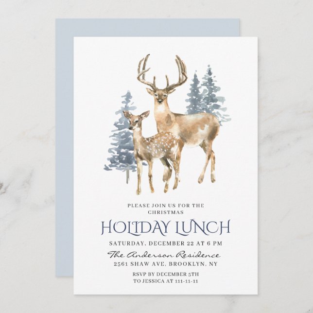 Elegant Deer Pine Tree Christmas Holiday Lunch Invitation (Front/Back)