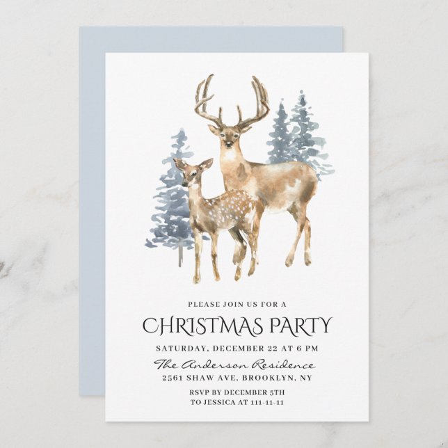 Elegant Deer Pine Tree Holiday Christmas Party Invitation (Front/Back)