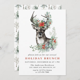 Elegant Deer Poinsettia CHRISTMAS HOLIDAY BRUNCH Invitation
