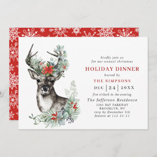 Elegant Deer Poinsettia CHRISTMAS HOLIDAY DINNER Invitation