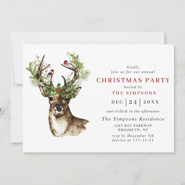 Elegant Deer Poinsettia Christmas HOLIDAY PARTY Invitation (Front)