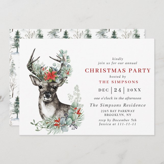 Elegant Deer Poinsettia Christmas HOLIDAY PARTY Invitation (Front/Back)