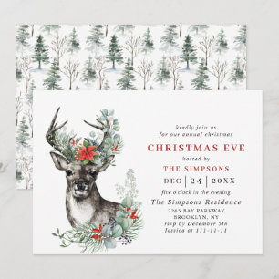 Elegant Deer Poinsettia Holiday CHRISTMAS EVE Invitation