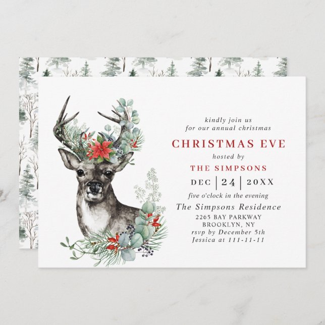 Elegant Deer Poinsettia Holiday CHRISTMAS EVE Invitation (Front/Back)