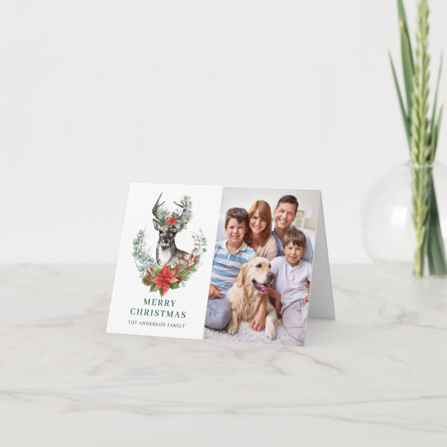 Elegant Deer Poinsettia Merry Christmas Greeting Holiday Card (Front)