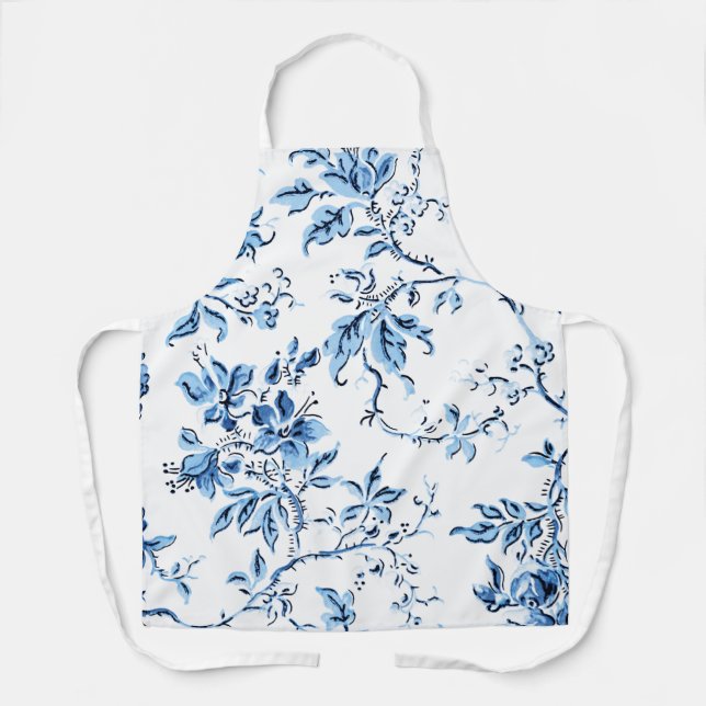 Elegant Delft Blue and White Floral Apron (Front)