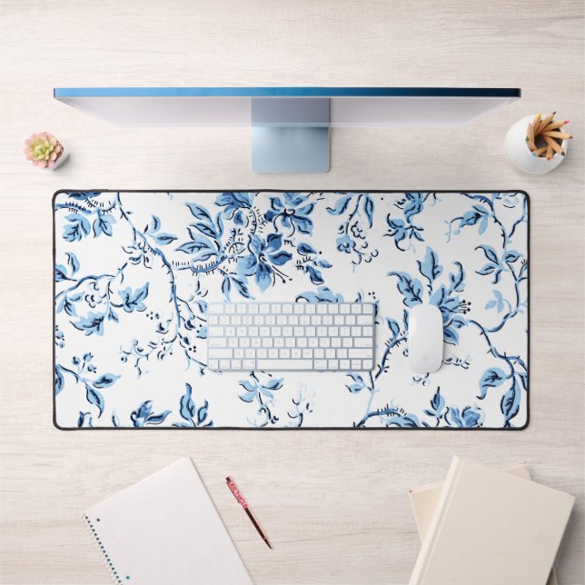 Elegant Delft Blue and White Floral Desk Mat (Office 1)