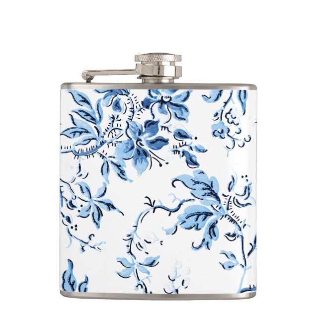 Elegant Delft Blue and White Floral Hip Flask (Front)