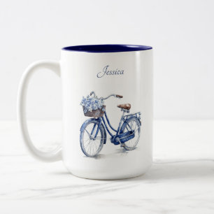 Elegant Delft Blue Floral Bicycle Personalised Two-Tone Coffee Mug