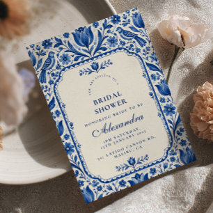 Elegant Delft Blue Folk Art Bridal Shower Invitation