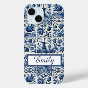 Elegant Delft Tiles Personalised iPhone 15 Case