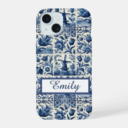 Elegant Delft Tiles Personalised iPhone 15 Case