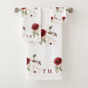 Elegant Delicate Burgundy Gold Flowers Monogram Bath Towel Set