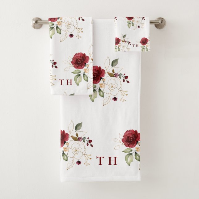 Elegant Delicate Burgundy Gold Flowers Monogram Bath Towel Set (Insitu)