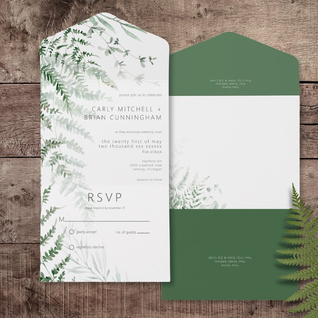 Elegant Delicate Greenery Ferns No Dinner All In One Invitation (Elegant Delicate Greenery Ferns All In One Wedding Invitation without Dinner Options)
