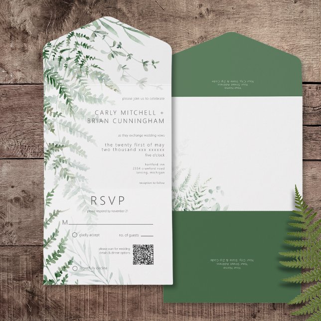 Elegant Delicate Greenery Ferns QR Code All In One Invitation (Elegant Delicate Greenery Ferns All In One Wedding Invitation with QR Code)