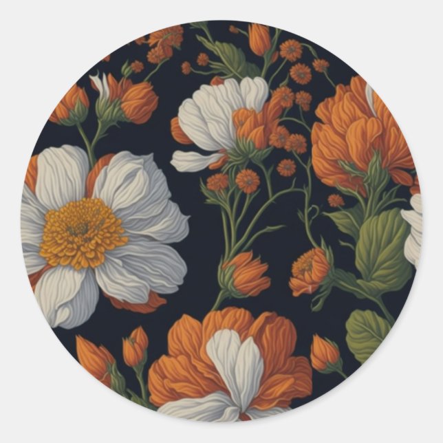 Elegant delicate orange white floral flowers  classic round sticker (Front)