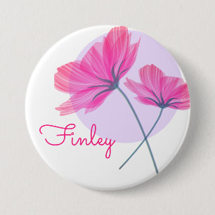 Elegant delicate pink flowers name light blue dot 7.5 cm round badge